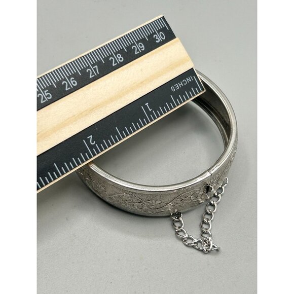 Vintage Ornate Silver Tone Hinged Bangle Bracelet with Safety Chain - Picture 9 of 10
